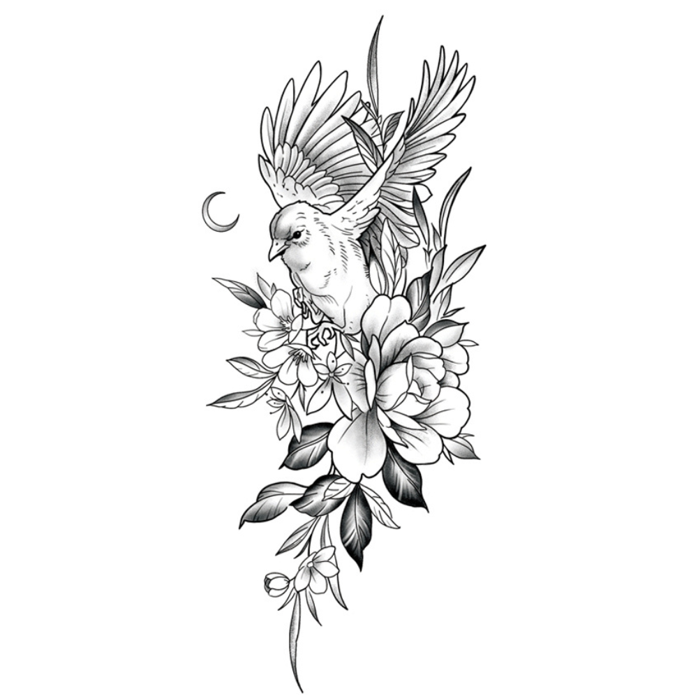 Bird Bursting From Flowers Waterproof Temporary Tattoo