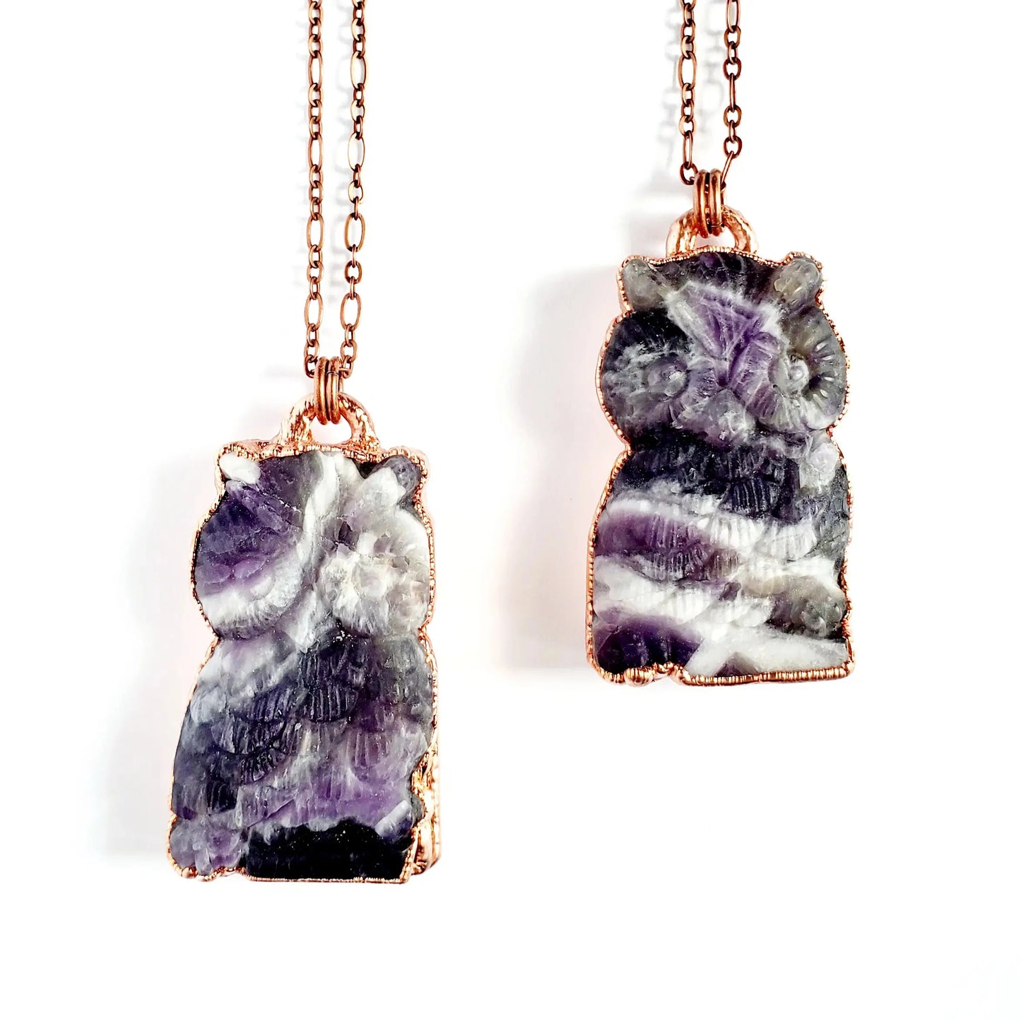 Chevron Amethyst Carved Owl Necklace