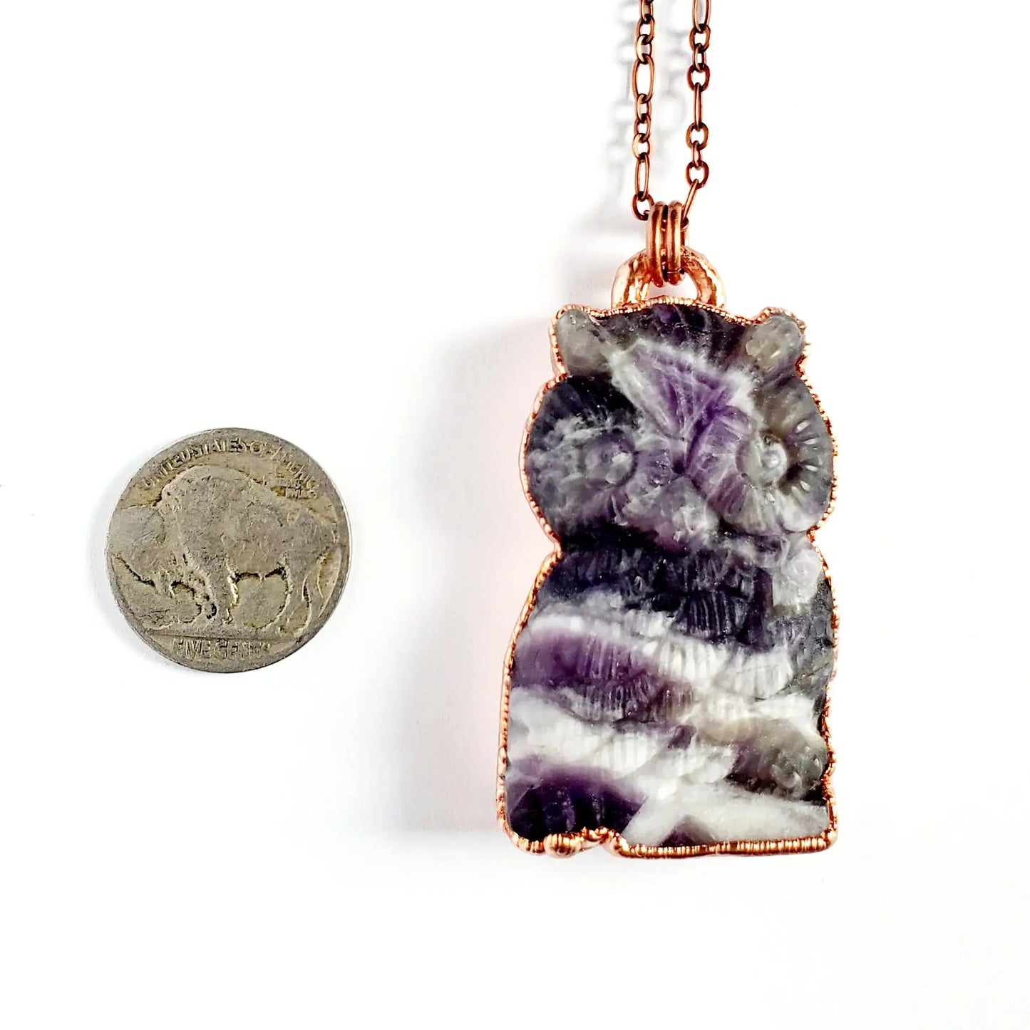 Chevron Amethyst Carved Owl Necklace