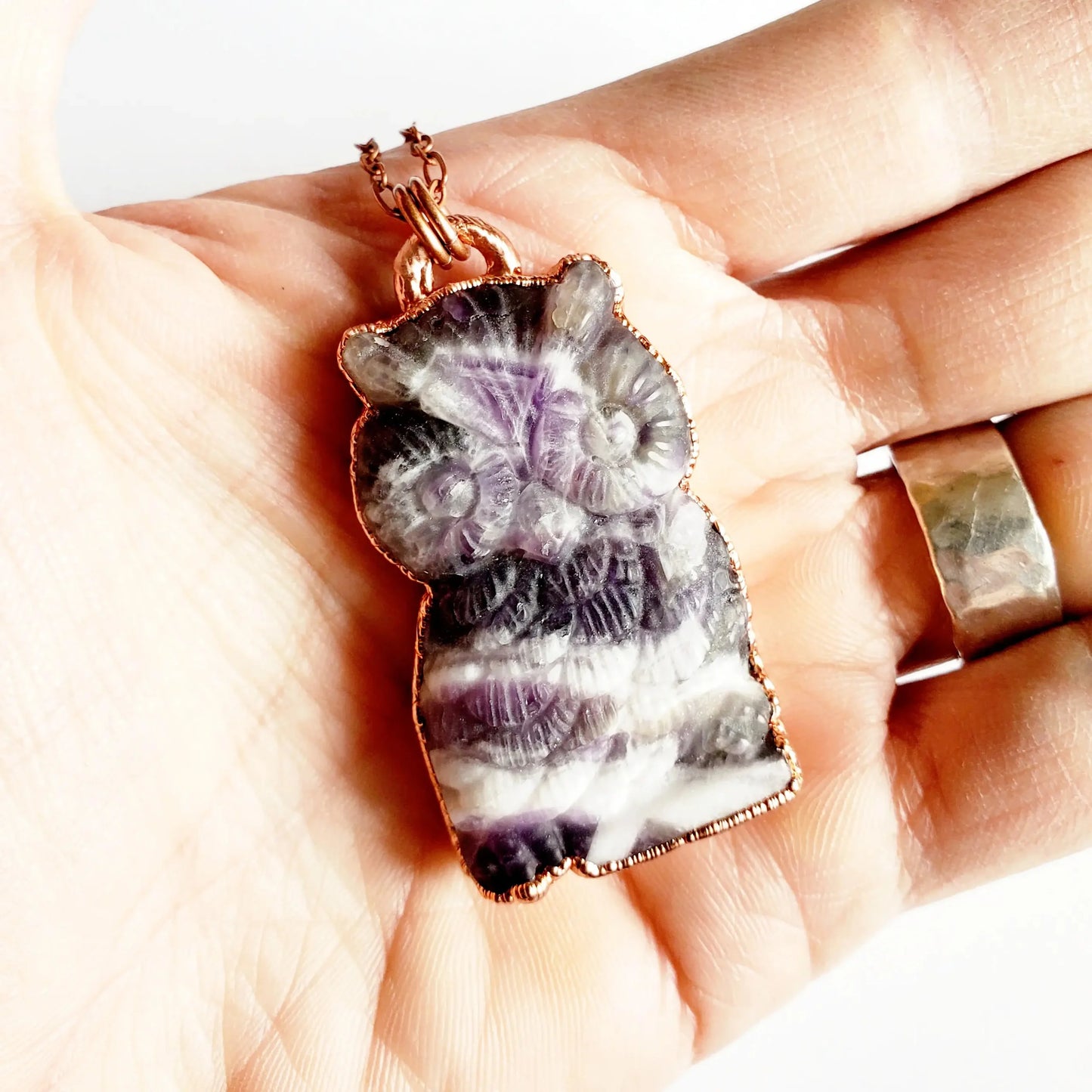 Chevron Amethyst Carved Owl Necklace