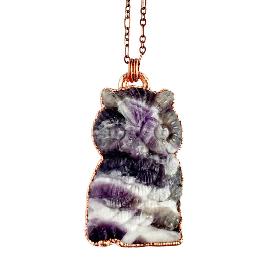 Chevron Amethyst Carved Owl Necklace