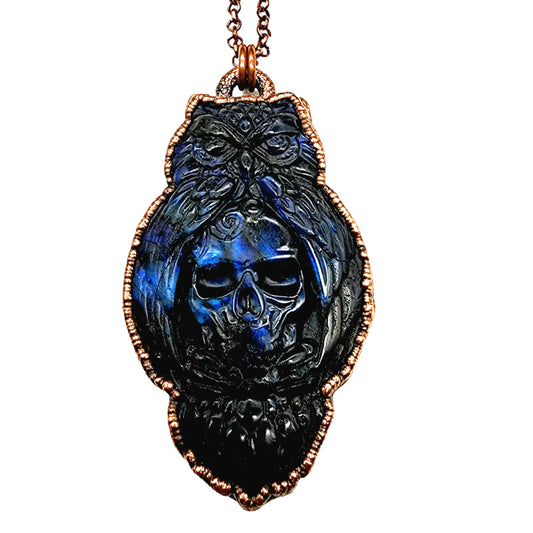 Labradorite Carved Owl & Skull Necklace