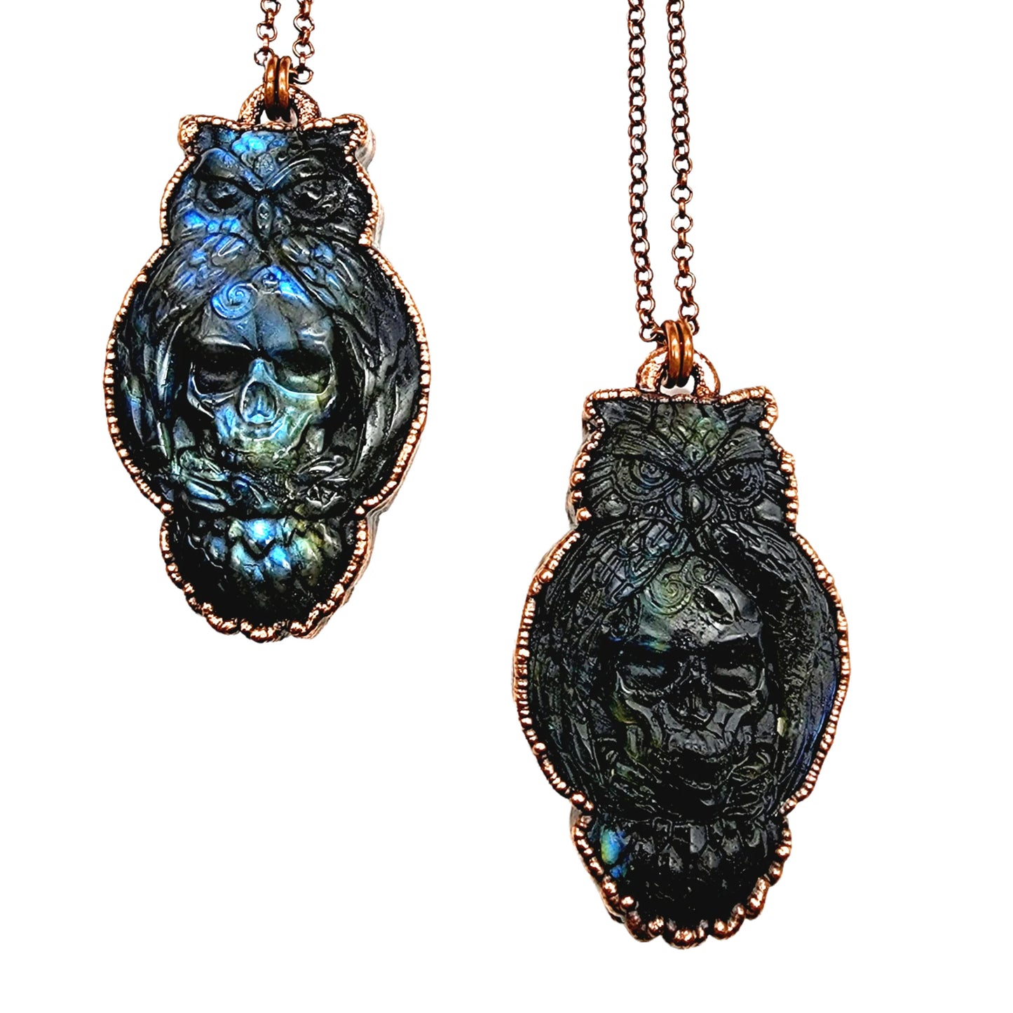 Labradorite Carved Owl & Skull Necklace