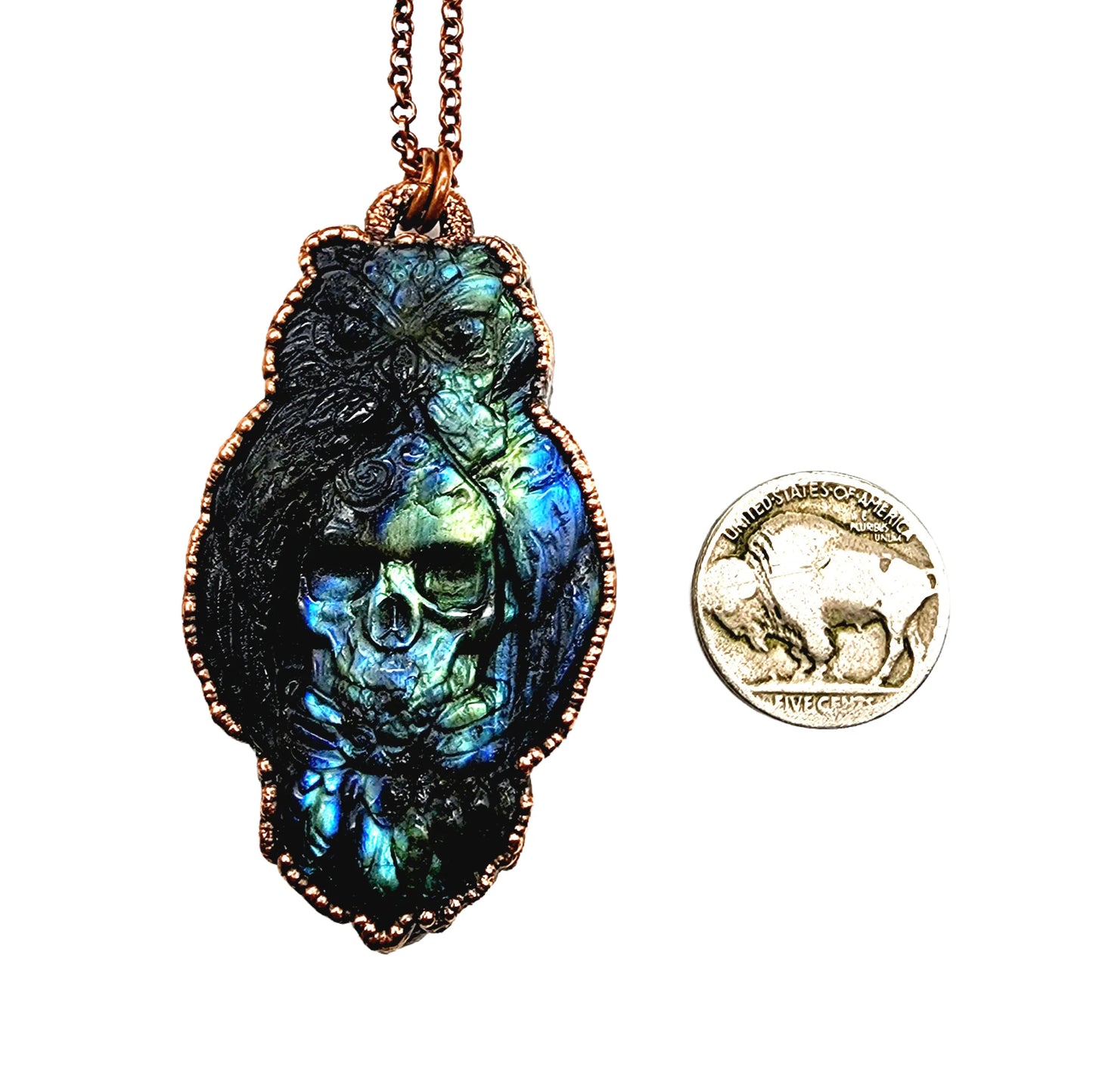 Labradorite Carved Owl & Skull Necklace