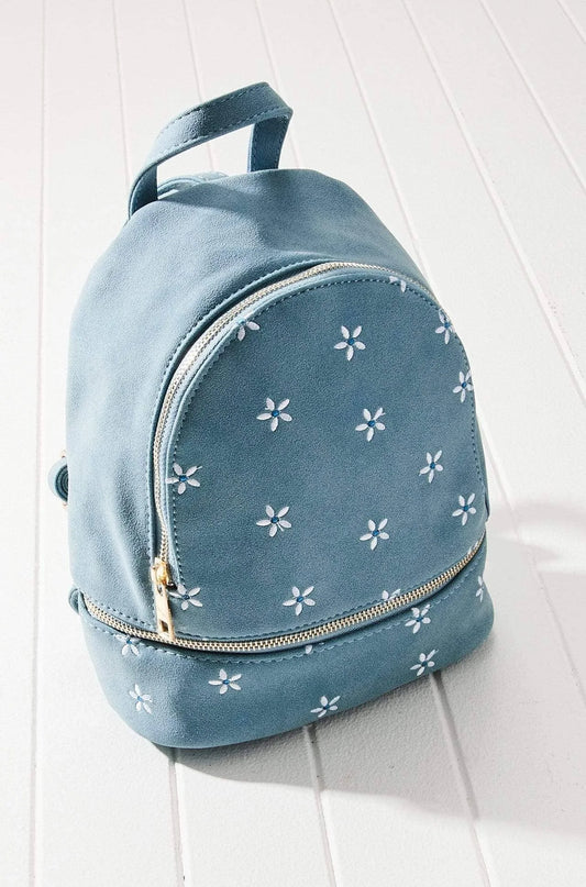 Vegan Leather Suede Embroidered Daisy Mini Backpack (blue)