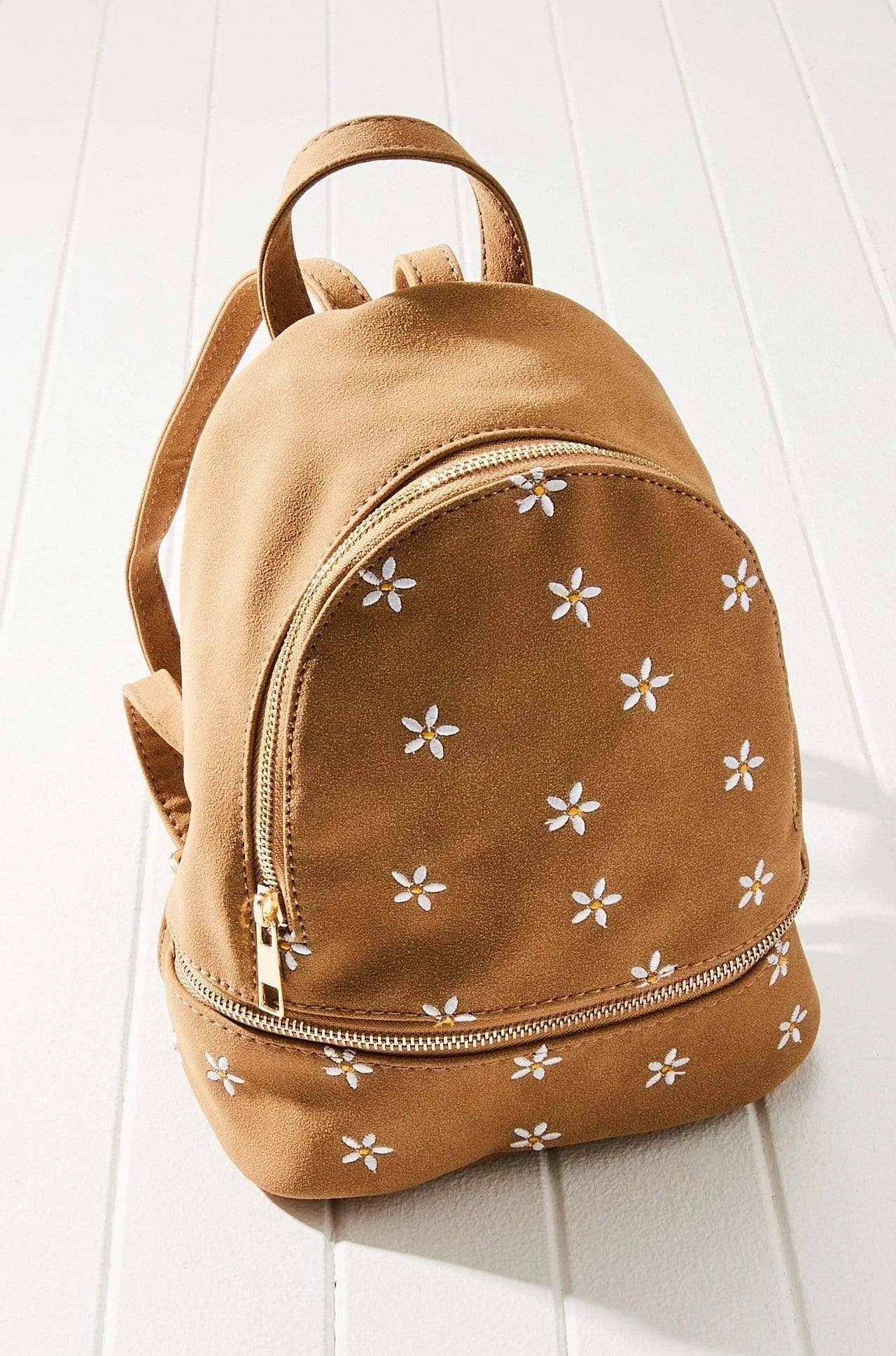 Vegan Leather Suede Embroidered Daisy Mini Backpack (brown)