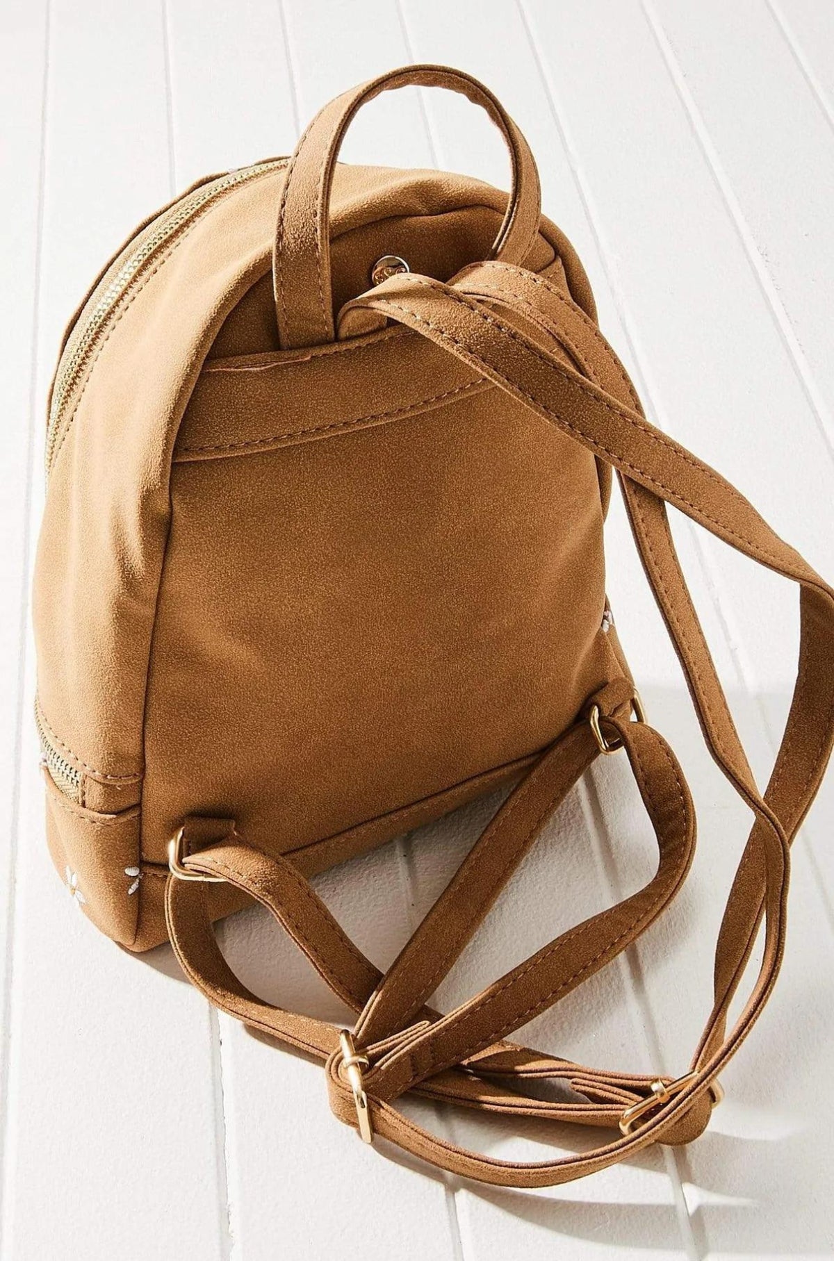 Vegan Leather Suede Embroidered Daisy Mini Backpack (brown)