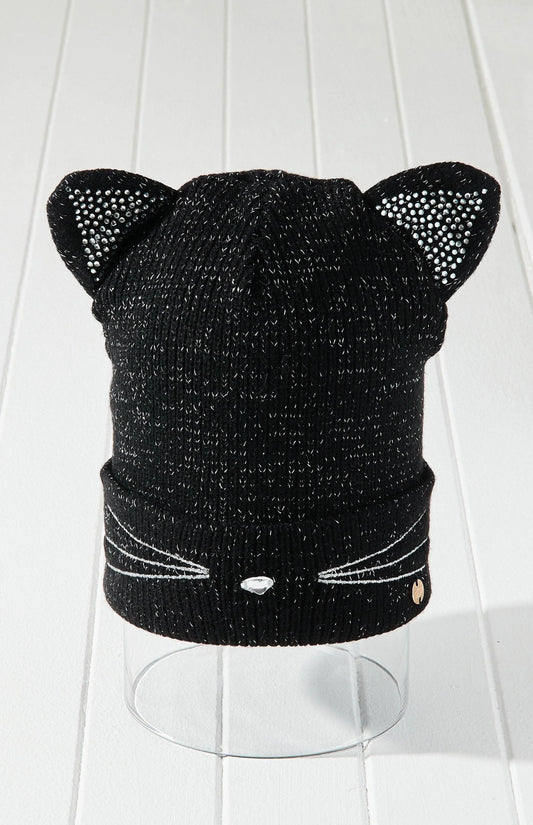 Embellished Black Kitty Cat Beanie Hat