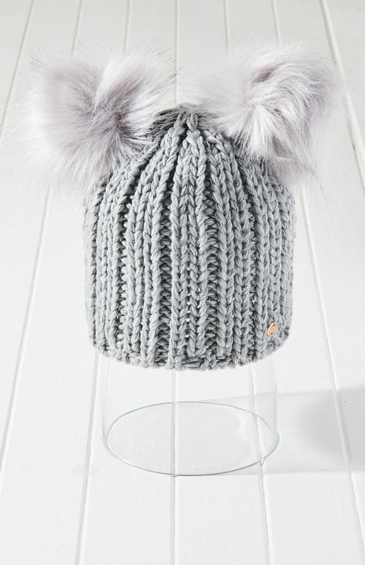 Vegan Faux Fur Double Pom Ribbed Beanie Hat