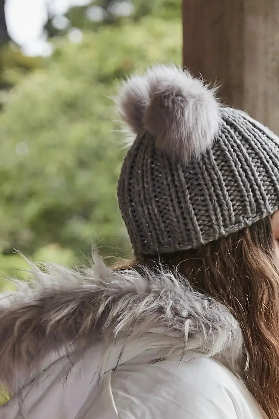 Vegan Faux Fur Double Pom Ribbed Beanie Hat