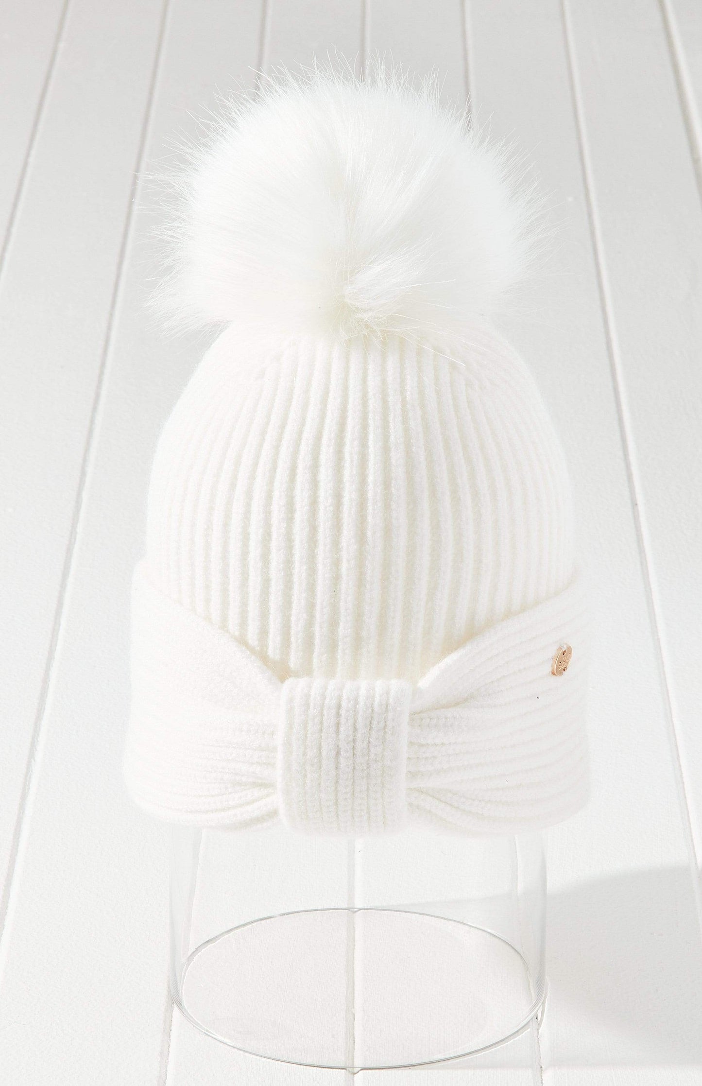 Vegan Fur Pom Bow Cuffed Beanie Hat