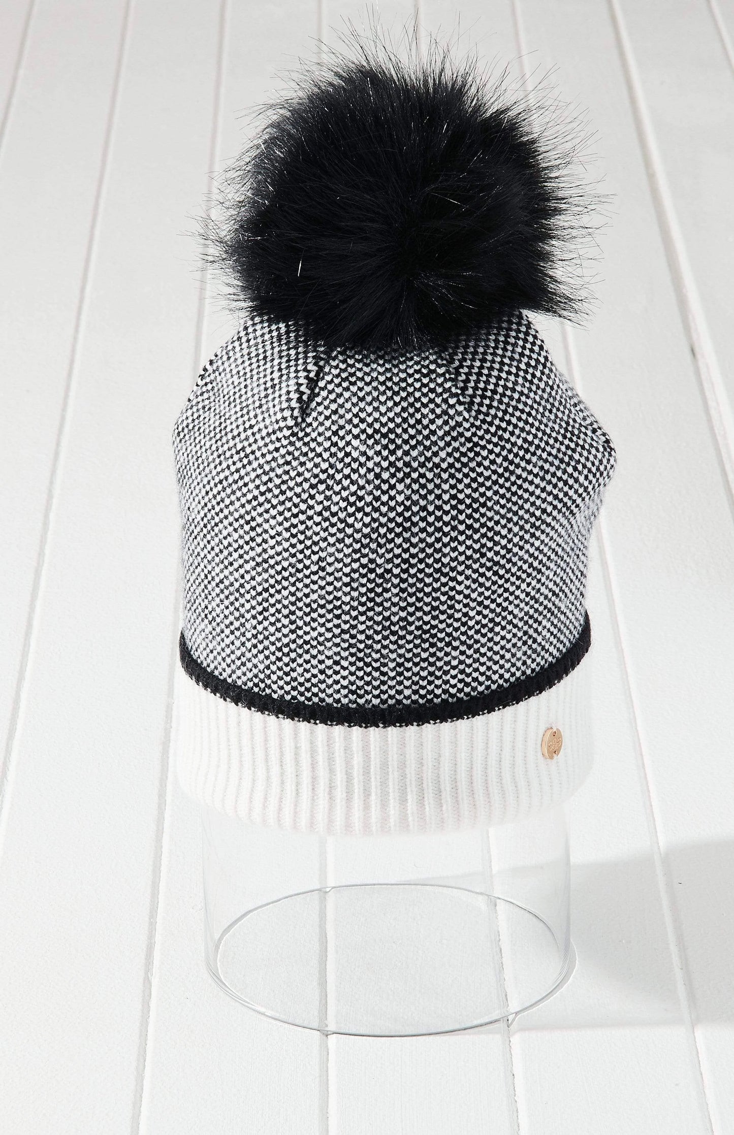 Vegan Faux Fur Checkered Pom Beanie Hat