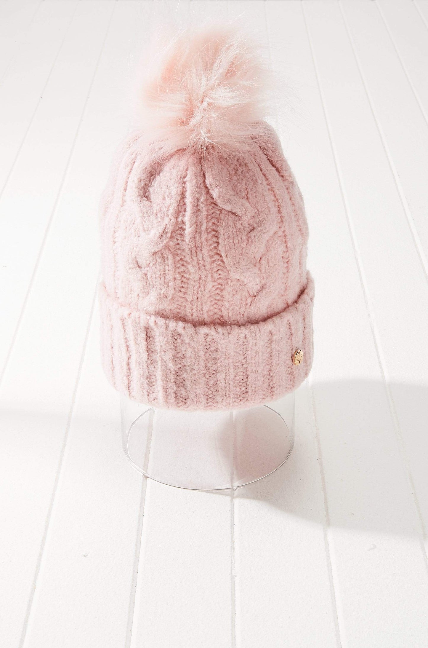 Vegan Faux Fur Cable Knit Pom Beanie Hat