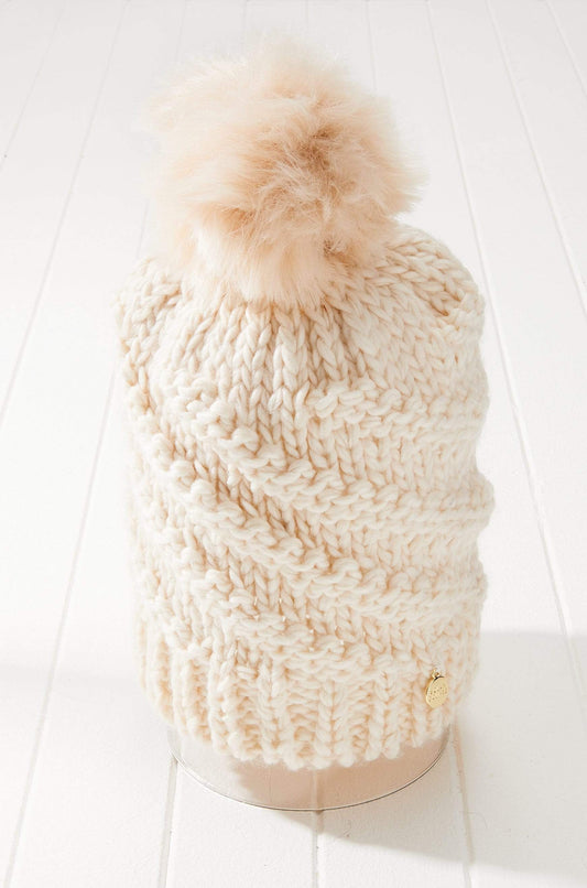 Vegan Faux Fur Chunky Cable Knit Pom Beanie Hat