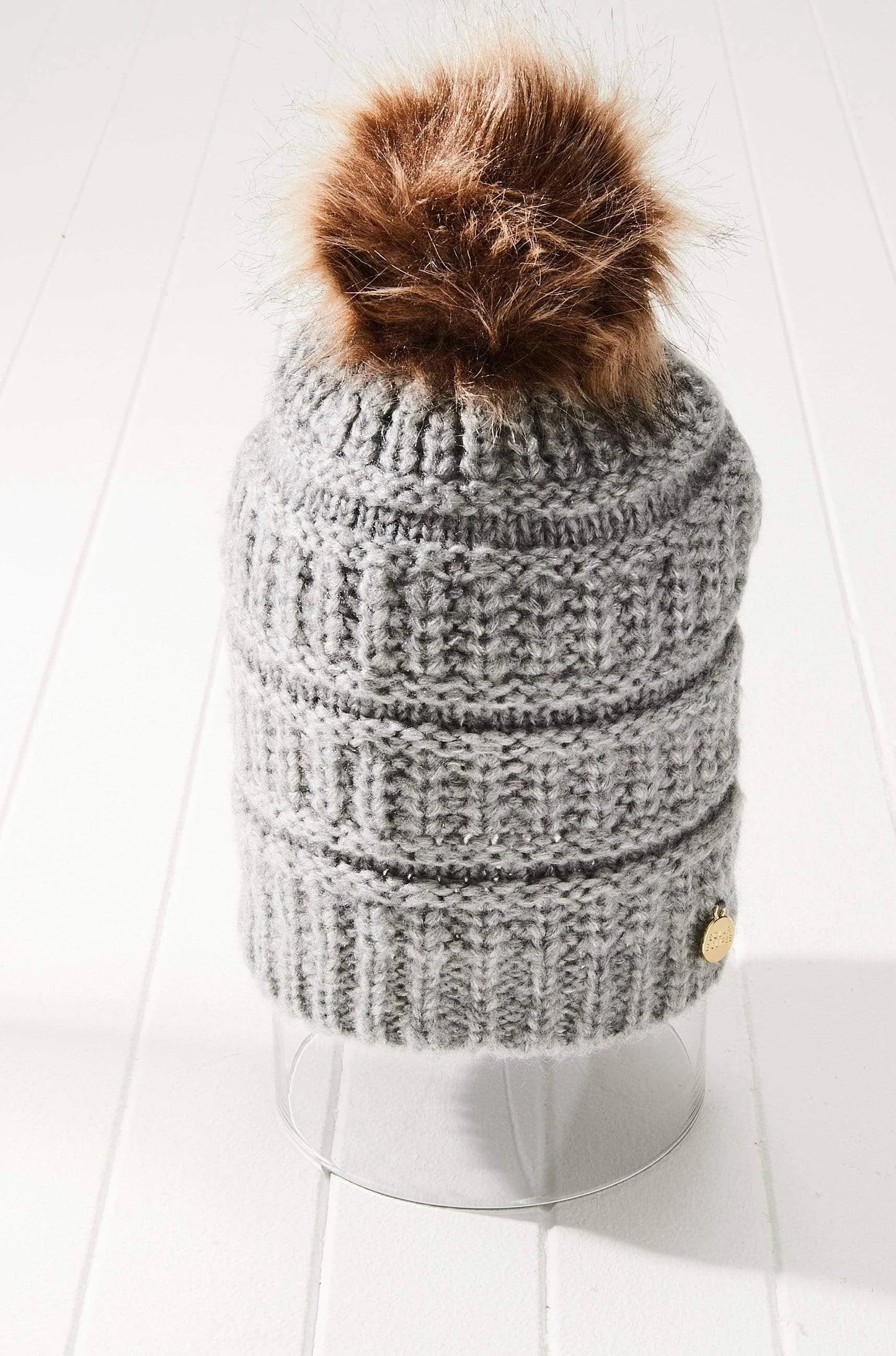 Vegan Faux Fur Cable Knit Pom Beanie Hat