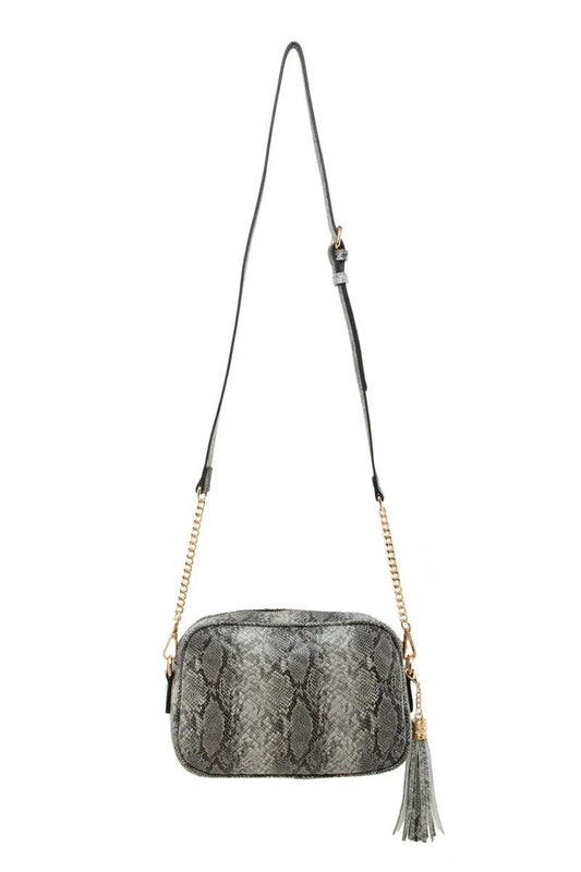 Snake V Quilted Rectangular Crossbody Bag with Tassel