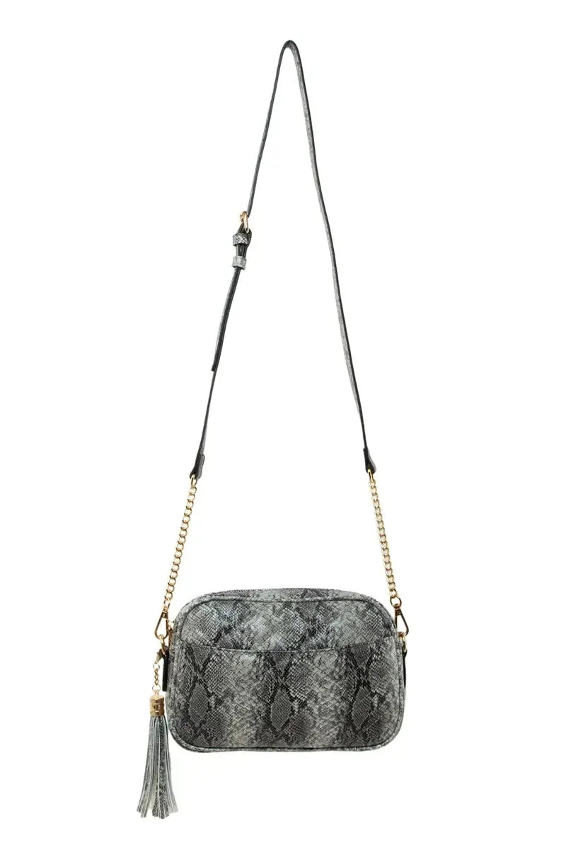 Snake V Quilted Rectangular Crossbody Bag with Tassel