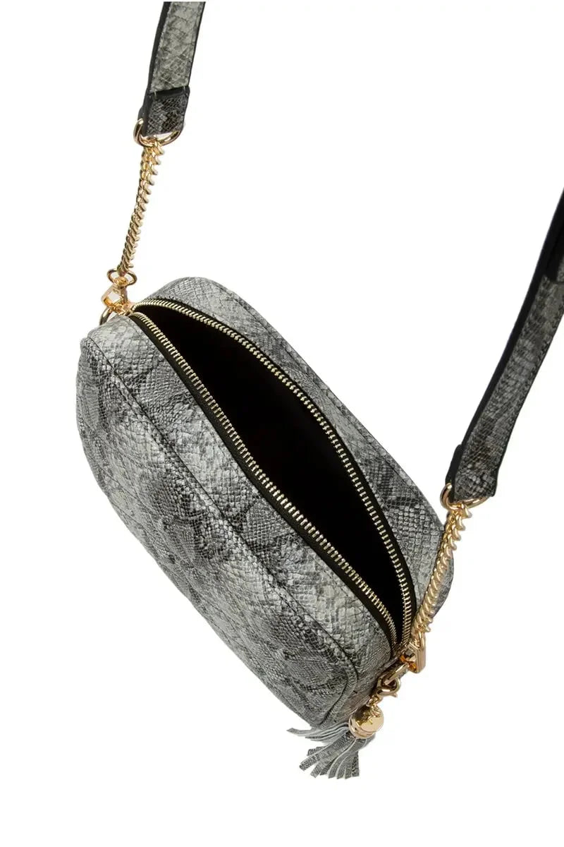 Snake V Quilted Rectangular Crossbody Bag with Tassel