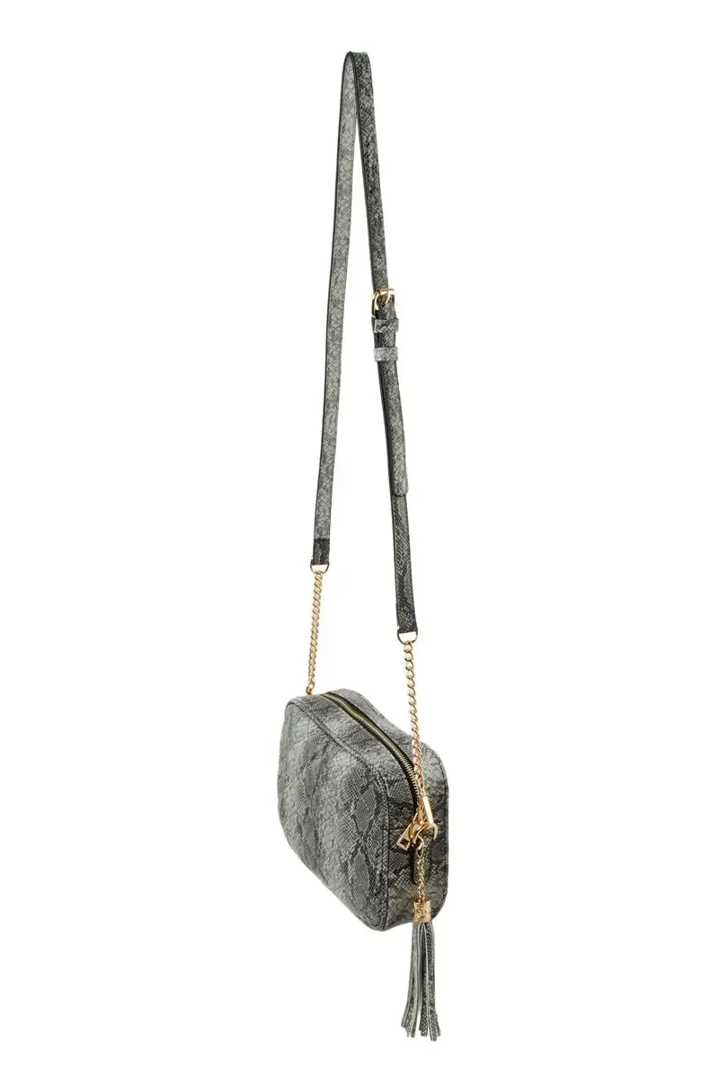 Snake V Quilted Rectangular Crossbody Bag with Tassel