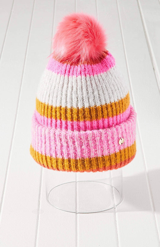 Vegan Fur Striped Knit Pom Beanie Hat