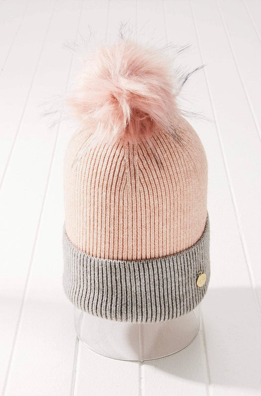 Vegan Fur Colorblock Pom Beanie Hat