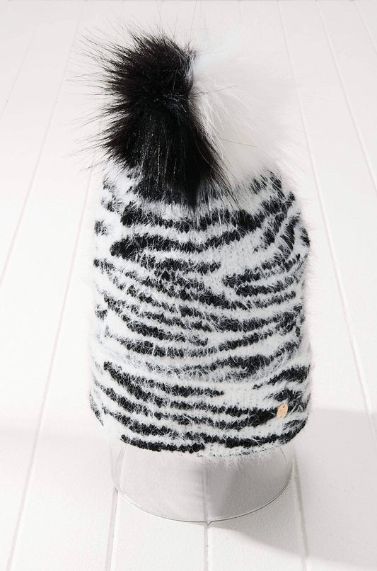 Vegan Fur Animal Print Pom Beanie Hat