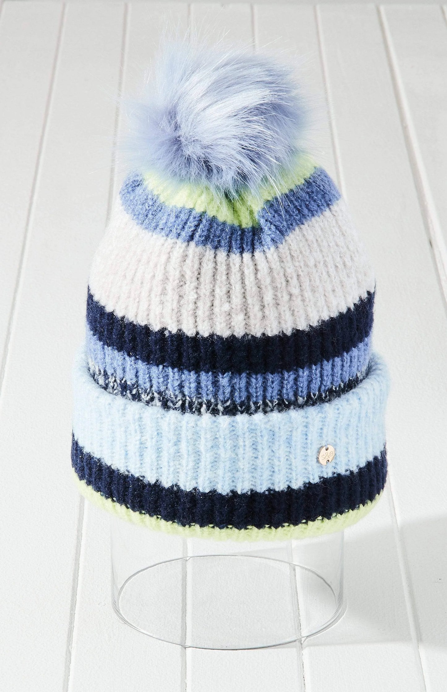 Vegan Fur Striped Knit Pom Beanie Hat