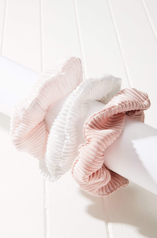 3pc Metallic Pleated Scrunchie trio Set Pink/White