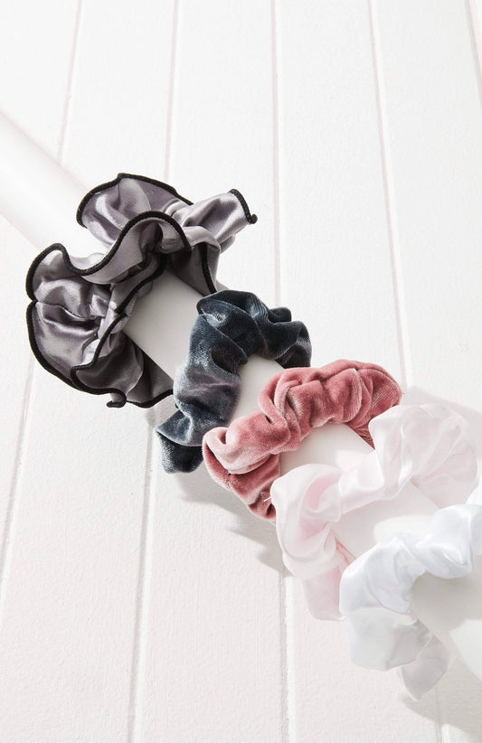 5pc Ruffle Velvet Scrunchie Set GRAY/PINK