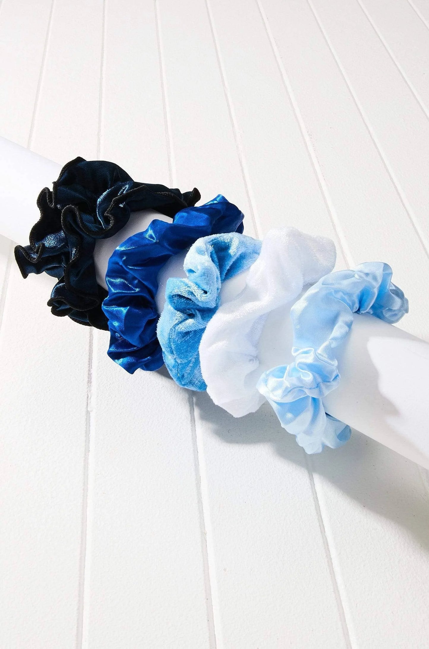 5pc Blue Satin + Velvet Scrunchie Set