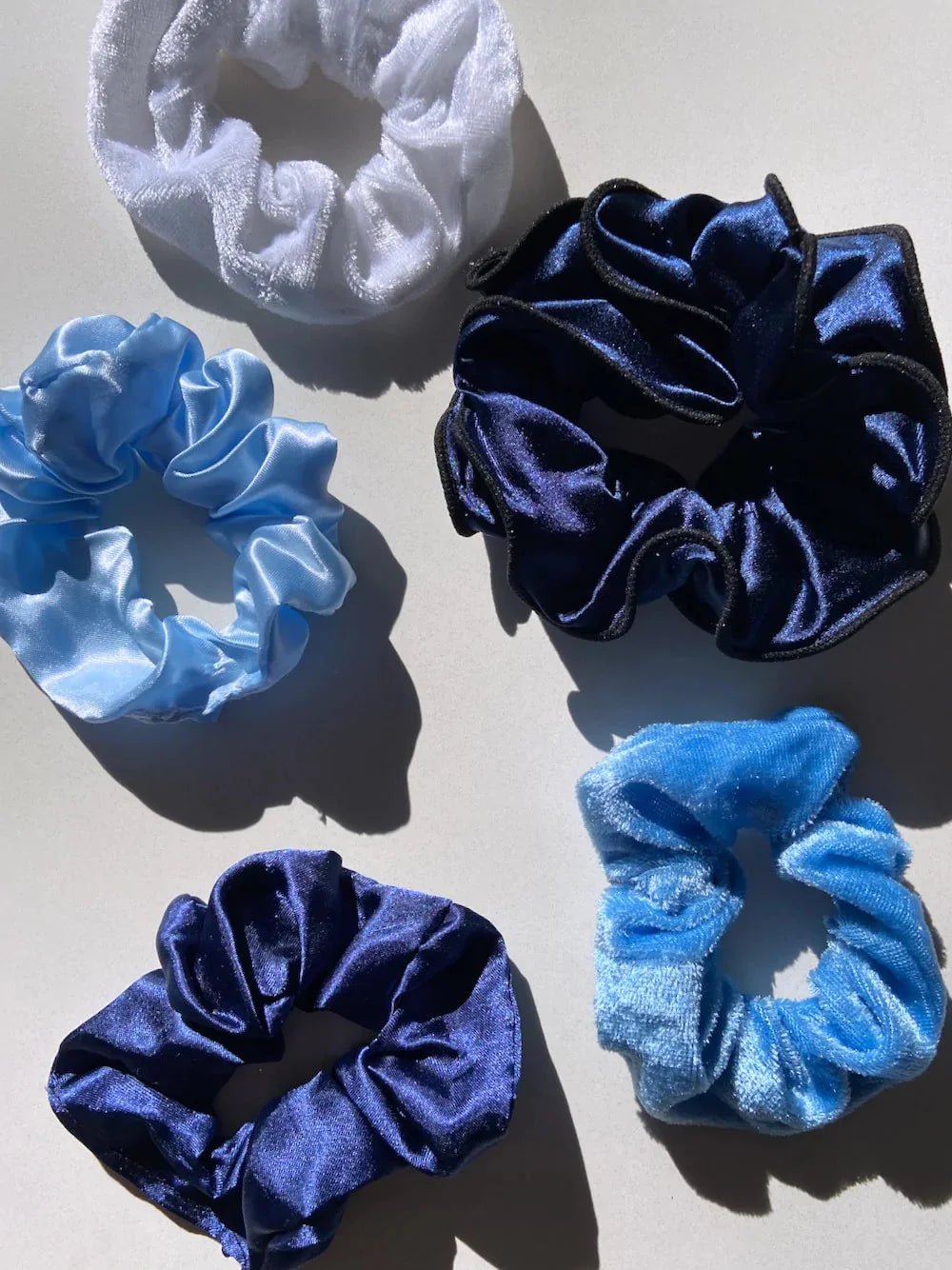 5pc Blue Satin + Velvet Scrunchie Set