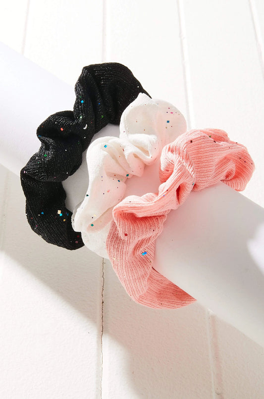 3pc Glitter Confetti Scrunchie Set BLACK/WHITE/PINK