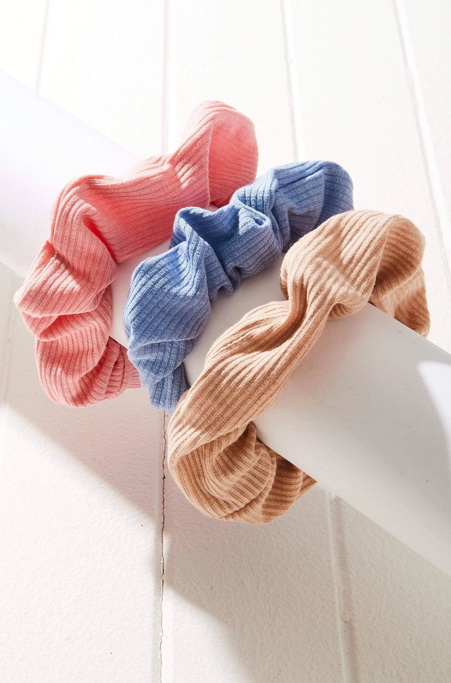 3pc Ribbed Scrunchie trio Set wattle/sky/coral ribbed