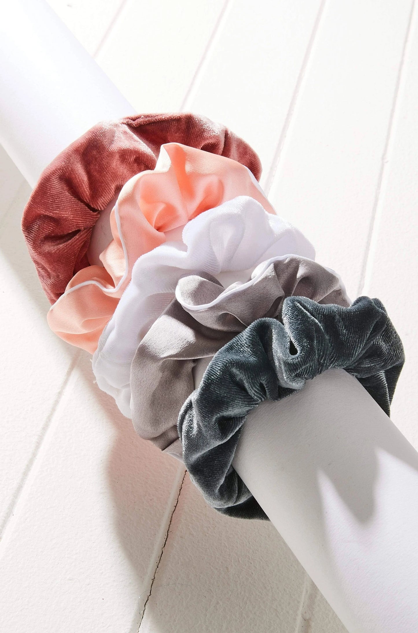 5pc Satin + Velvet Scrunchie Set - CORAL/MIST/CLOUD