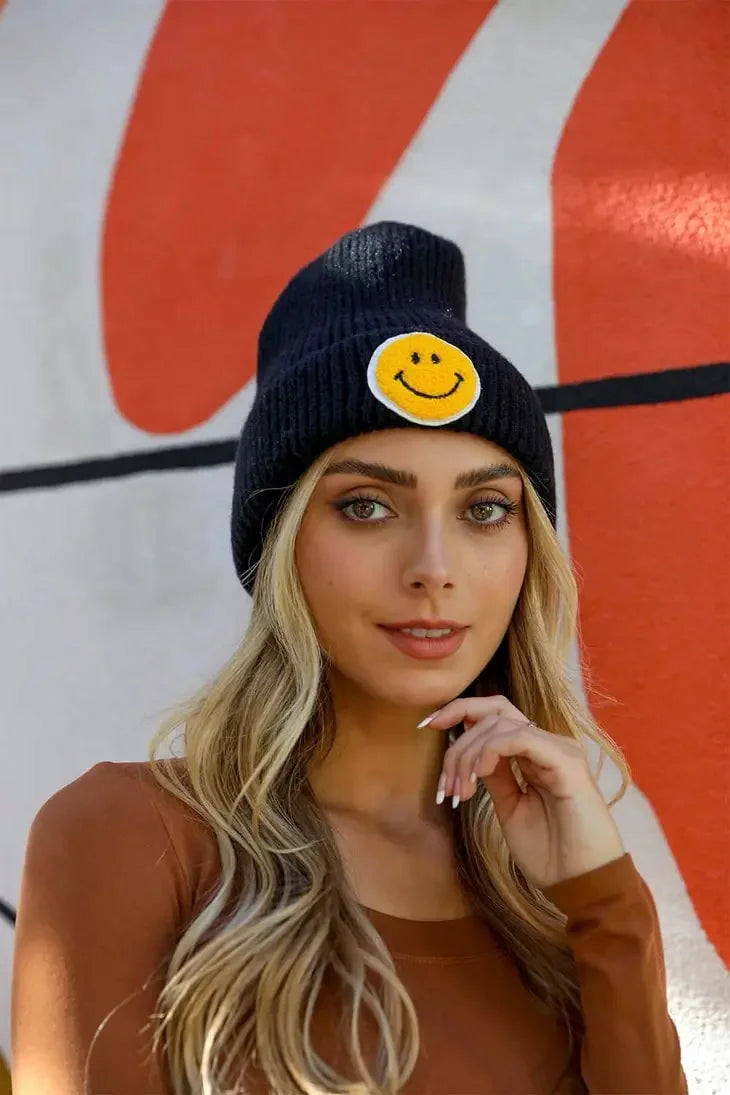 Smiley Face Ribbed Beanie