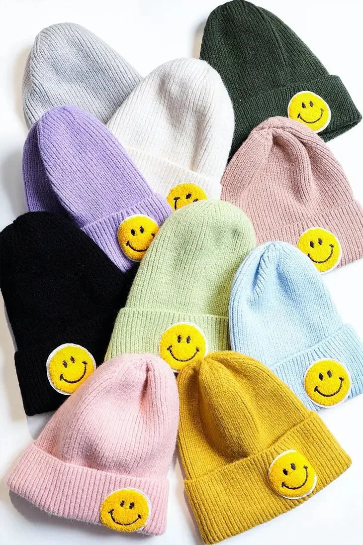 Smiley Face Ribbed Beanie