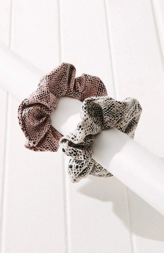 Vegan Snake Embossed Scrunchie 2pc Set PINK/GRAY