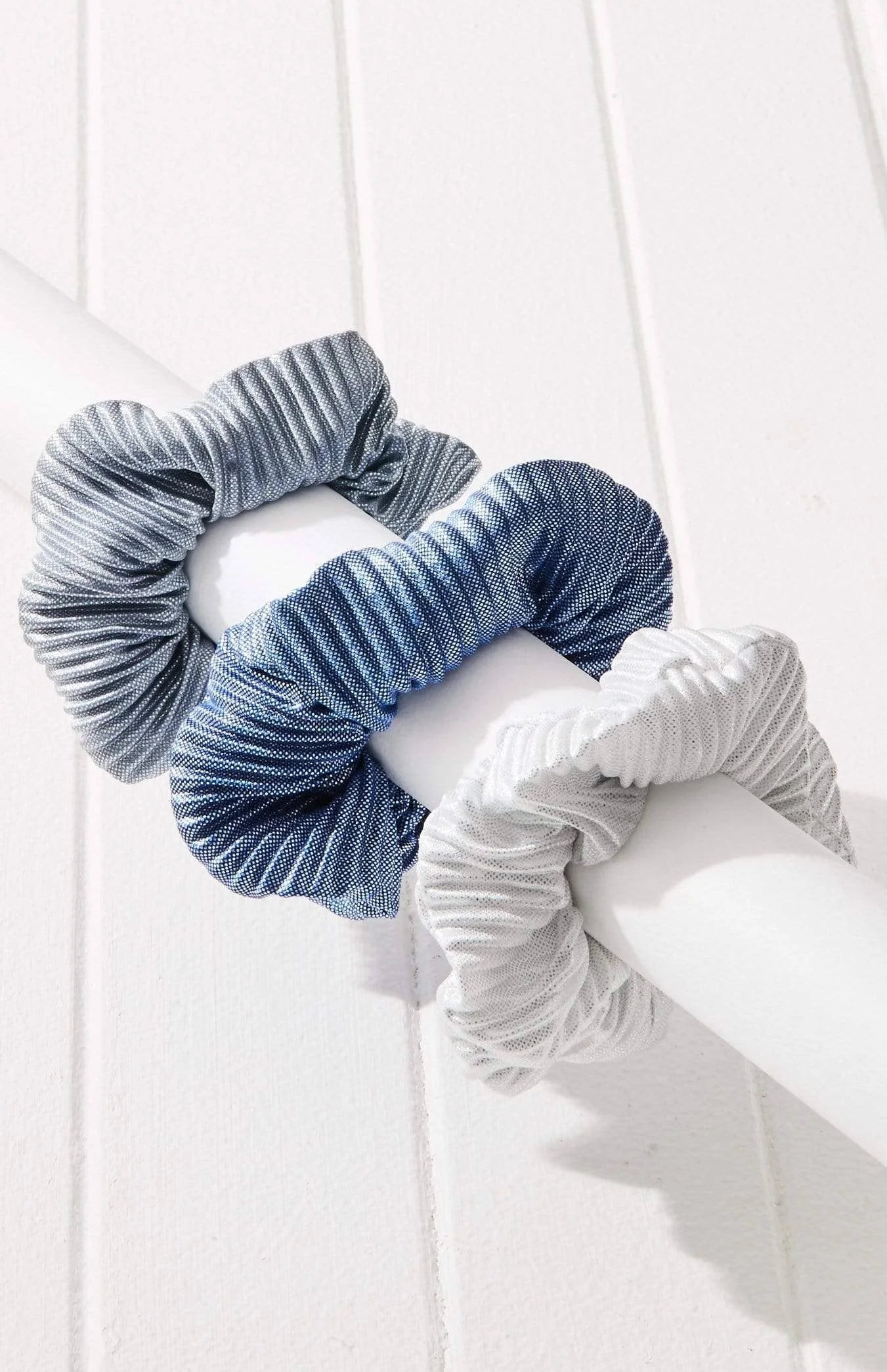 3pc Metallic Pleated Scrunchie Set BLUE/SILVER