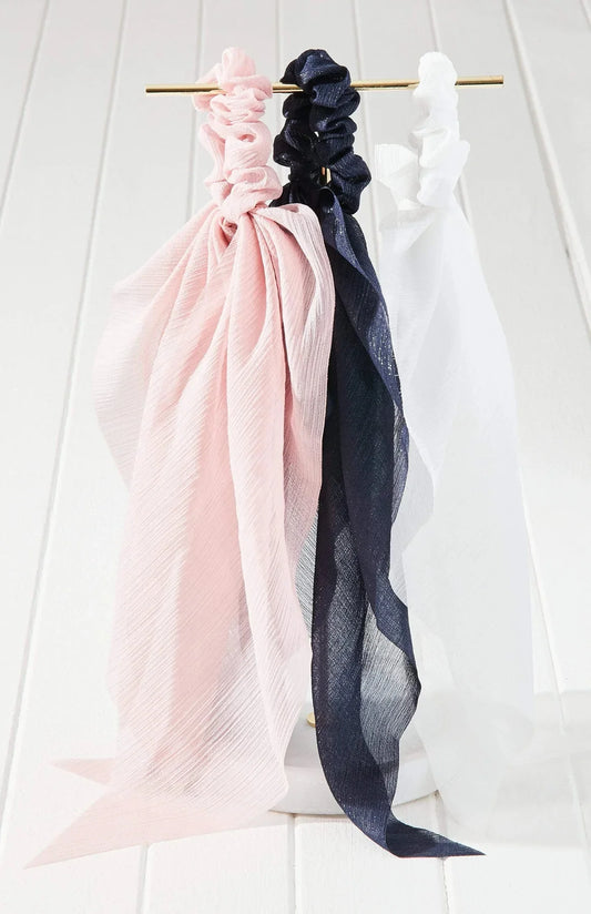 3pc Chiffon Scarf Scrunchie Set PINK/WHITE/NAVY BLUE