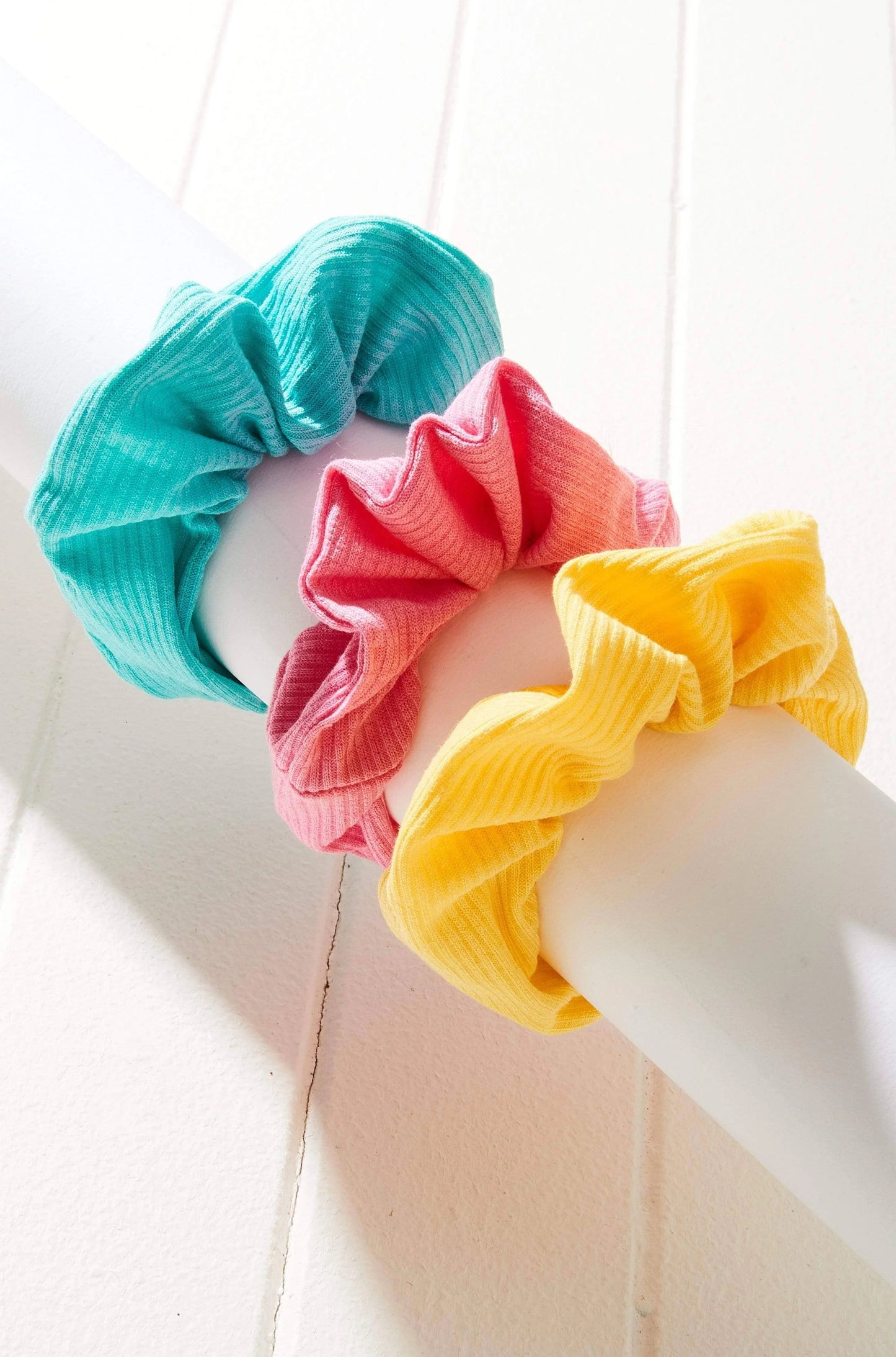 3pc Ribbed Scrunchie Set wattle/sky/coral ribbed