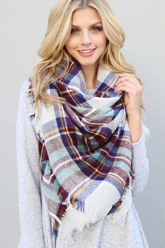 Plaid Frayed Trim Blanket Scarf