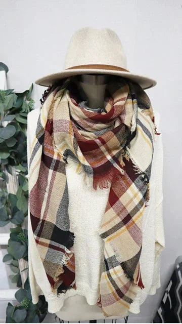 Plaid Frayed Trim Blanket Scarf