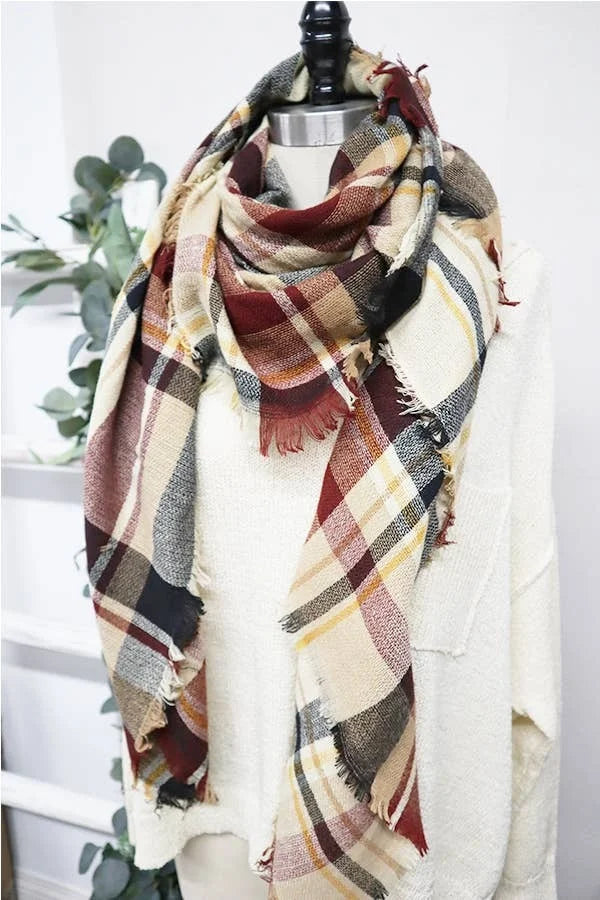 Plaid Frayed Trim Blanket Scarf