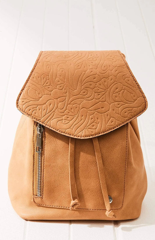 Vegan Leather Vintage Embossed Backpack (BROWN)